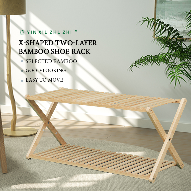 X-shaped two-layer bamboo shoe rack