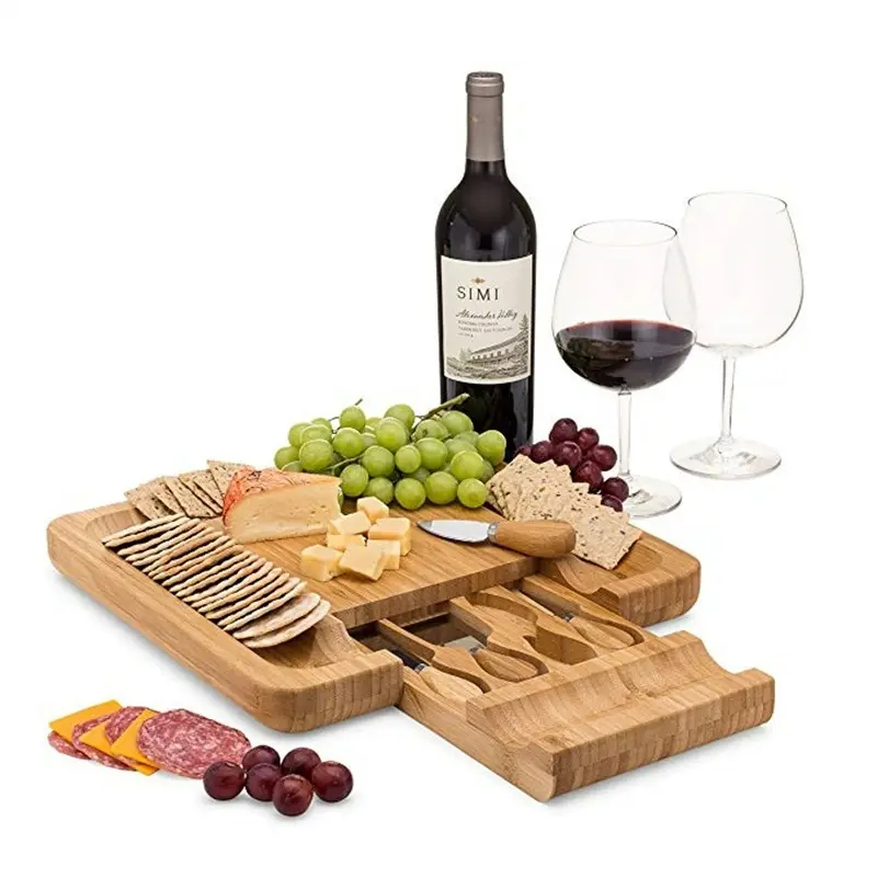 Bamboo Cheese Board With 4 Knives And For Home